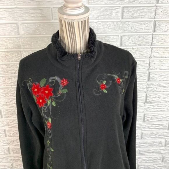 Basic Editions Black Fleece Jacket Red Poinsettias Size Large - Picture 2 of 7